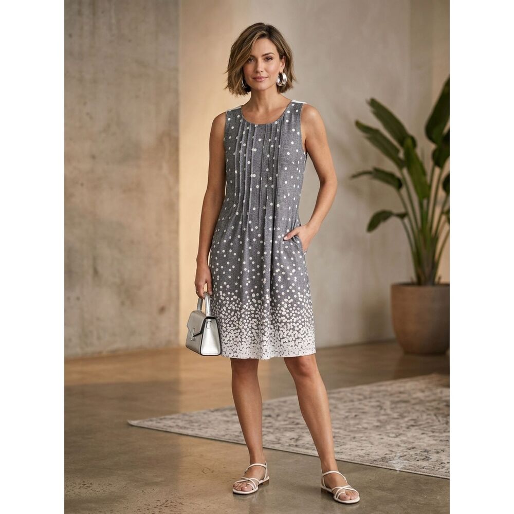 Perceptions Tunic Dress Women's Size L Gray White Polka Dots Sleeveless